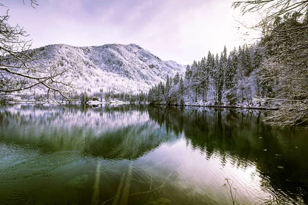 Primera nieve en el lago de montaña —  Fotos de Stock