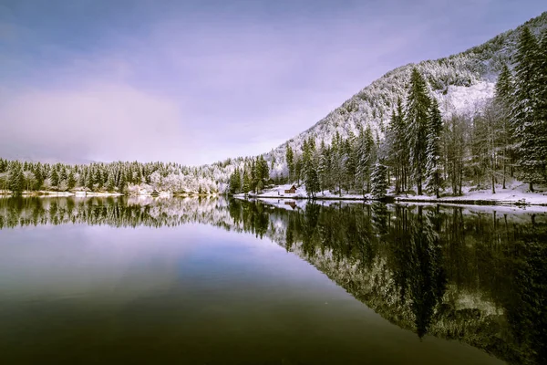 Az első hó, a hegyi tónál — Stock Fotó