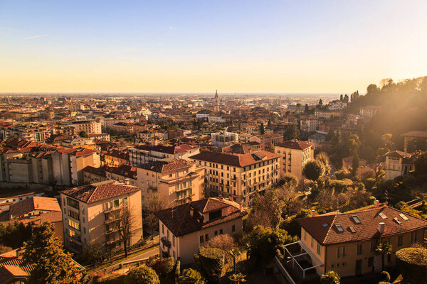 The sun goes down on the city of Bergamo, Italy