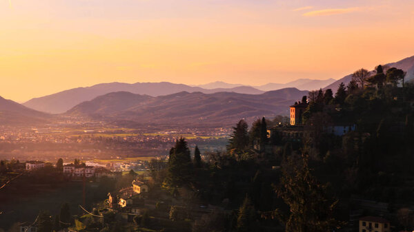 The sun goes down on the city of Bergamo, Italy