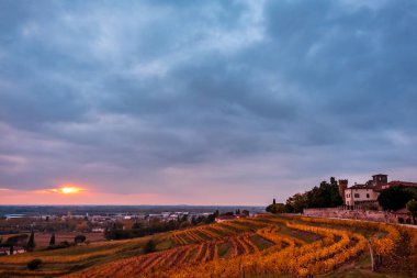 Collio Friulano üzüm bağlarında sonbahar günbatımı