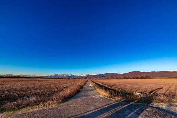 Zimní Západ Slunce Polích Friuli Venezia Giulia — Stock fotografie