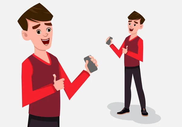 Personaje de dibujos animados niño de pie pose con el teléfono inteligente en la mano . — Vector de stock