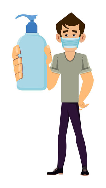man wear face mask and show hand sanitizer bottle