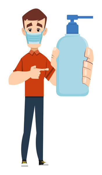handsome man wearing face mask and showing alcohol gel bottle. covid-19 or coronavirus concept illustration