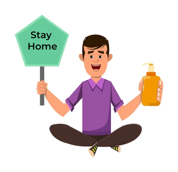 Boy Showing Alcohol Gel Bottle Stay Home Placard — Stock Vector