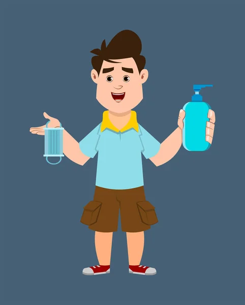 Lindo Niño Sosteniendo Mostrando Desinfectante Botella Gel Mascarilla Lindo Personaje — Vector de stock