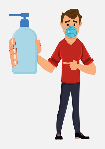 Young Boy Wearing Face Mask Showing Alcohol Gel Bottle Covid — Stock Vector