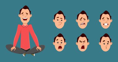 İş adamı yoga yapıyor ya da meditasyonu gevşetiyor. Farklı yüz ifadesi olan iş adamı karakteri.