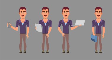 Gündelik iş adamı çizgi film karakteri farklı pozlarda