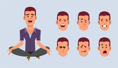 Günlük iş adamı yoga yapıyor ya da meditasyonu gevşetiyor. Farklı yüz ifadesi olan iş adamı karakteri