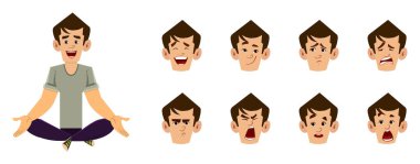Sıradan bir adam çizgi film karakteri yoga yapıyor ya da rahatlatıcı meditasyon yapıyor. Farklı yüz ifadesi olan iş adamı karakteri