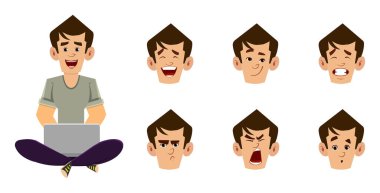 Sıradan bir adam çizgi film karakteri yerde oturuyor ve dizüstü bilgisayarla çalışıyor ya da dinleniyor.