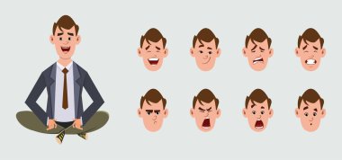 Yoga yapan ya da meditasyonu gevşeten yakışıklı bir iş adamı. Farklı yüz ifadesi olan iş adamı karakteri