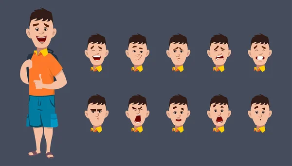 Cute School Boy Character Expression Sheet Animation Motion Design — стоковый вектор