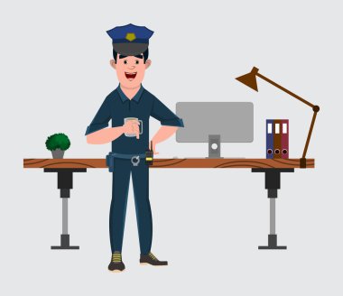 Polis memuru çizgi film karakteri masasının ya da iş yerinin yanında duruyor.