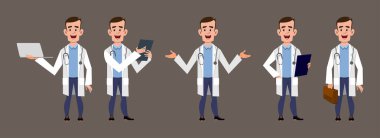 Bir dizi farklı poz veren genç doktor karakteri.