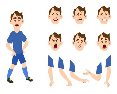 Animasyon, tasarım ya da hareket için farklı yüz duyguları ve elleri olan genç futbolcu çizgi film karakteri.