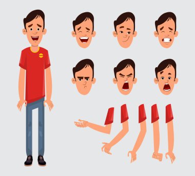 Animasyon, dizayn ya da hareket için farklı yüz duyguları ve ellerle hazırlanmış genç bir adam karakteri. Özel animasyon karakteri. Animasyon için biçimlendirilmiş karakter tasarımı.