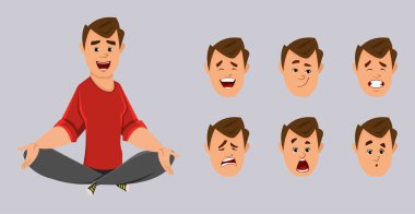 Genç ofis çalışanı yoga yapıyor ya da meditasyonu gevşetiyor. Yüz ifadesi farklı olan ofis çalışanı karakteri