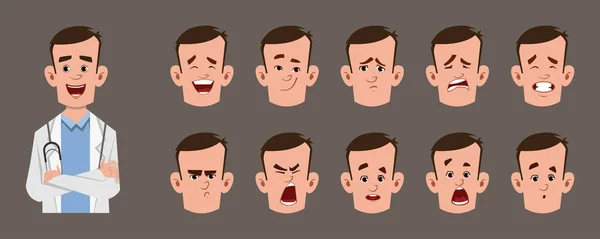 Joven Médico Personaje Dibujos Animados Con Diferente Expresión Facial Conjunto — Vector de stock