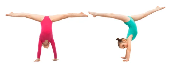 Flexível crianças ginastas de pé sobre as mãos, isolado fundo branco — Fotografia de Stock