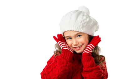 Küçük kız izole beyaz arka plan üzerinde Santa hakkında düşünmek