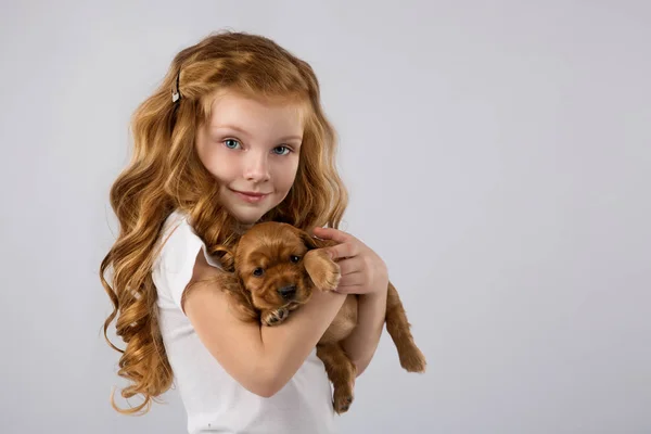 Bambina dai capelli rossi con cucciolo isolato su sfondo bianco. Kid Amicizia animale domestico — Foto Stock