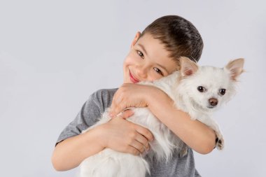 Küçük çocuk beyaz Chihuahua köpek beyaz arka plan üzerinde izole. Çocuklar dostluk evde beslenen hayvan