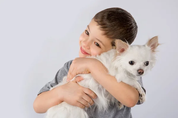 Küçük çocuk beyaz Chihuahua köpek beyaz arka plan üzerinde izole. Çocuklar dostluk evde beslenen hayvan — Stok fotoğraf