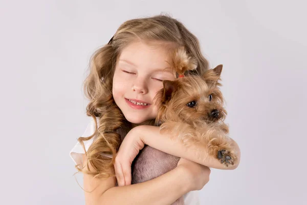 Menina com cão Yorkshire Terrier branco isolado no fundo branco. Crianças Pet Amizade — Fotografia de Stock