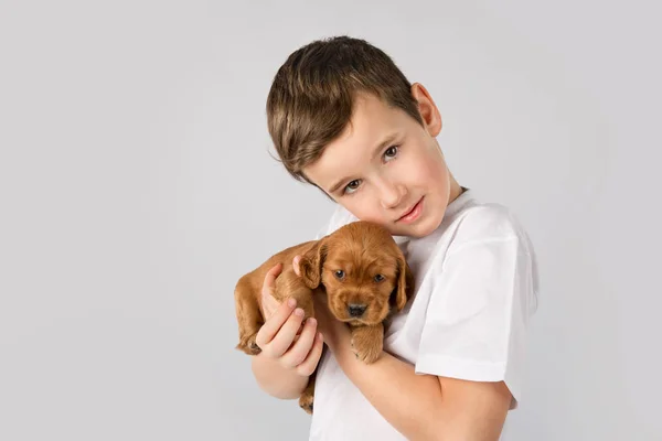 Концепция детской дружбы - маленький мальчик с красным щенком, изолированным на белом фоне — стоковое фото