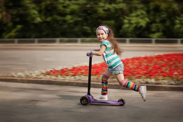 Niña aprender a montar scooter en un parque en el soleado día de verano . —  Fotos de Stock