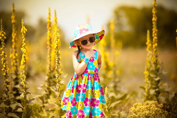 Beautiful little girl in hat smiling in a summer field — Stock Photo, Image