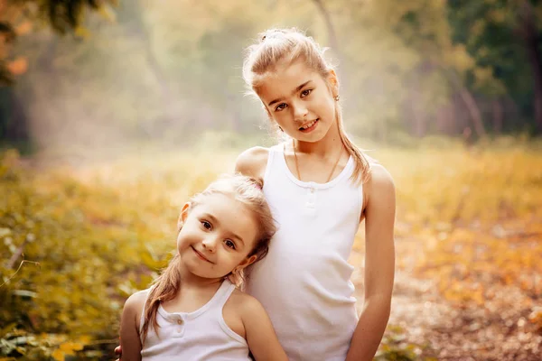 Barndom, Familj, vänskap och människor koncept - två glada kids systrar kramas utomhus. — Stockfoto