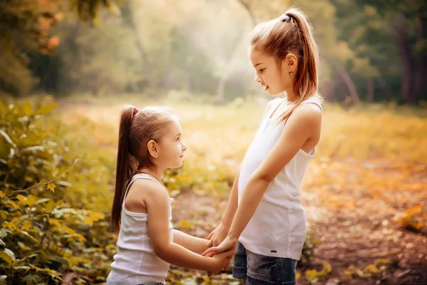 Barndom, Familj, vänskap och människor koncept - två glada kids systrar kramas utomhus. — Stockfoto