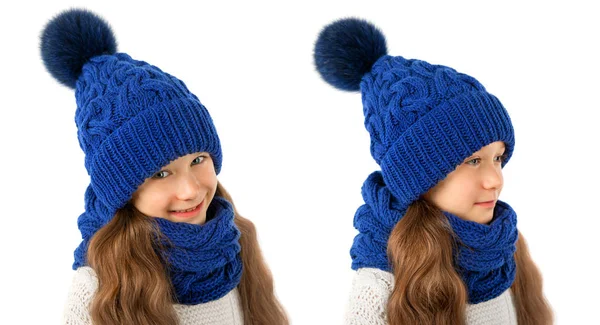 美丽的小女孩在冬天温暖的蓝色帽子和围巾隔离白色。儿童冬季服装 — 图库照片