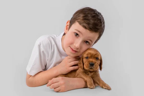 Ragazzo con cucciolo rosso isolato su sfondo bianco. Kid Amicizia animale domestico — Foto Stock