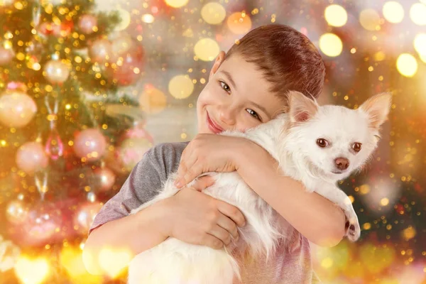 Ritratto di ragazzo con cane bianco accanto all'albero di Natale. Anno nuovo 2018. Concetto di vacanza, Natale, Anno nuovo sfondo . — Foto Stock