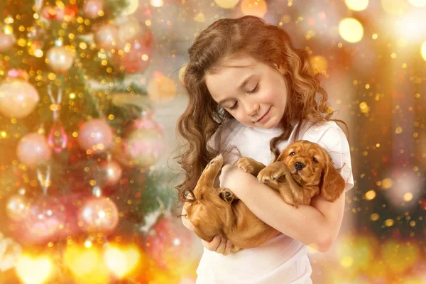 Ragazzina felice e cane accanto all'albero di Natale. Anno nuovo 2018. Concetto di vacanza, Natale, Anno nuovo sfondo . — Foto Stock