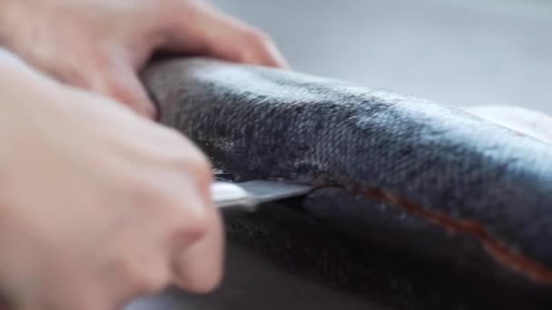 O cozinheiro separa o chef de filé de salmão prepara — Vídeo de Stock