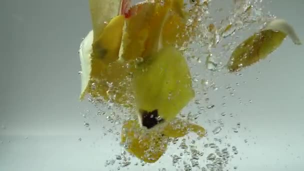 Bloemblaadjes van tulpen vallen in het water — Stockvideo
