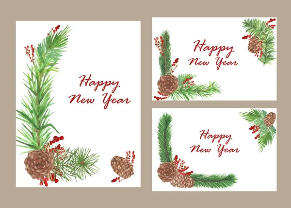 Υδατογραφία Χέρι Ζωγραφισμένα Φύση Γιορτή Χειμερινές Διακοπές Τρεις Κάρτες Που — Φωτογραφία Αρχείου