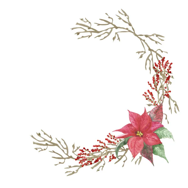 Aquarell Handbemalte Natur Winterkreis Kranzkomposition Mit Roter Weihnachtssternenblume Und Grünem — Stockfoto