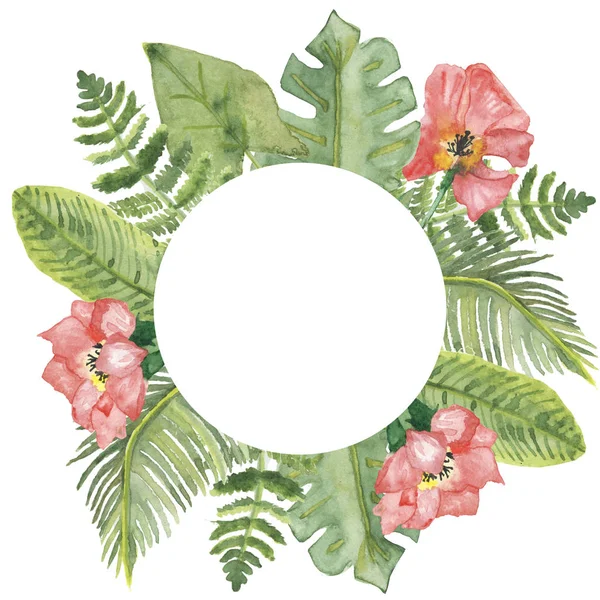 水彩手描き自然夏のジャングルサークルフレーム組成緑の異なる熱帯の葉と招待状とグリーティングカードのための白い背景にピンクの花 — ストック写真