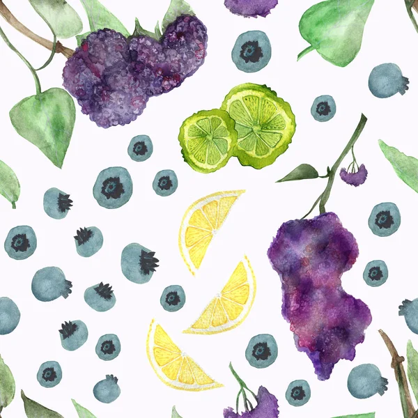 Watercolor hand painted nature spring fruits seamless pattern with purple lilac branches with green leaves, blueberries, yellow lemon and green lime isolated on the white background for trendy prints