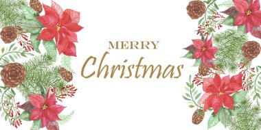 Suluboya el, kış bayramı kutlaması setini çok renkli çelenkler yeşil Noel ağacı, köknar dalı, kırmızı top oyuncakları, yay, Noel Baba seti, yıldız, lolipop ve izole hediye kutuları ile boyamış.