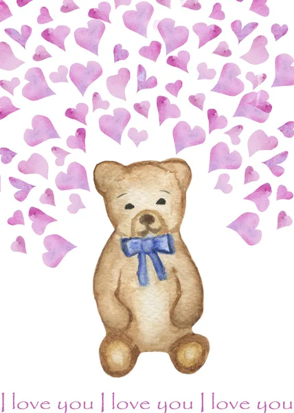 Watercolor hand painted romantic composition with nice bear fluffy toy with blue bow and pink hearts around with i love you text on the white background for saint valentines day love card