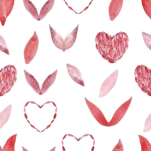 水彩手描きロマンチックな休日のお祝いのシームレスなパターンと赤とピンクの花の花びらと心臓は白い背景に隔離された形 テキスタイルやデザインのための美しいプリント — ストック写真