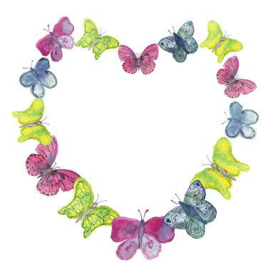 Suluboya el, doğanın romantik çerçevesini kalp şeklinde çok renkli, sarı ve mavi kelebeklerle boyadı. Beyaz arka planda davetiyeler ve metin için yeri olan tebrik kartları var.